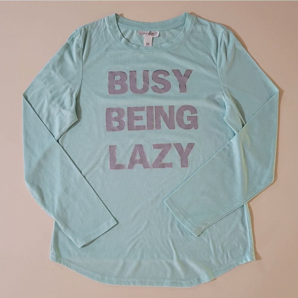 Just Be Women's Aqua Long Sleeve Crewneck Graphic Front Shirt